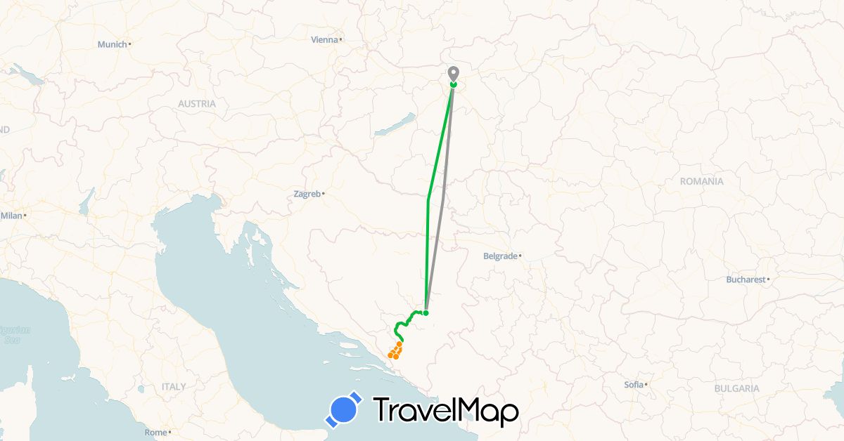 TravelMap itinerary: bus, plane, hitchhiking in Bosnia and Herzegovina, Hungary (Europe)