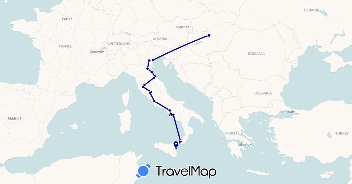 TravelMap itinerary: driving in Hungary, Italy, San Marino (Europe)
